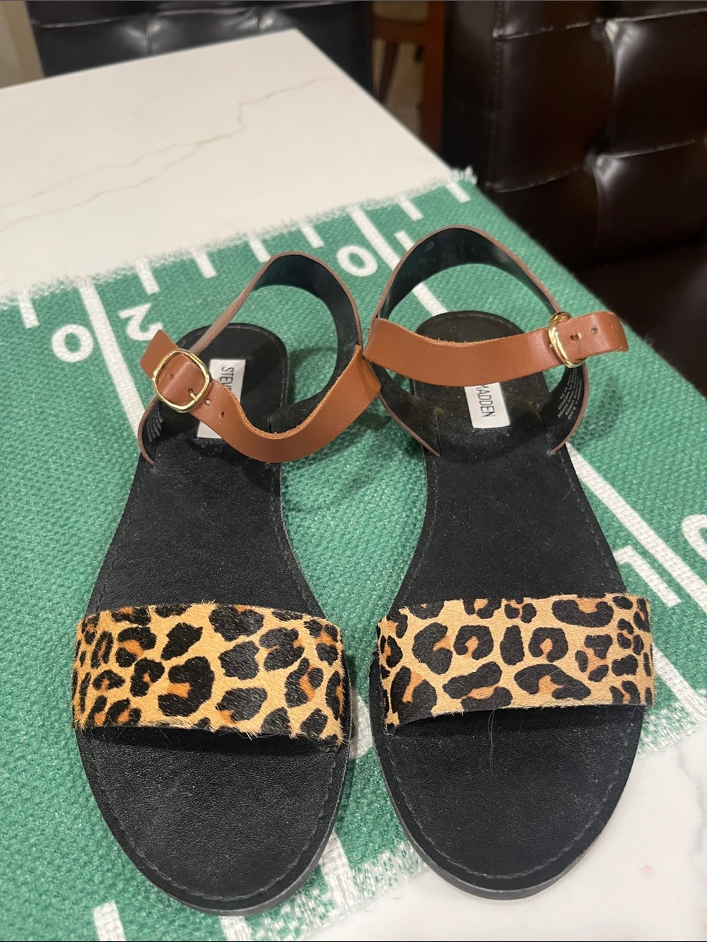 Steve Madden Leopard Print and Brown Strap Flat Sandals